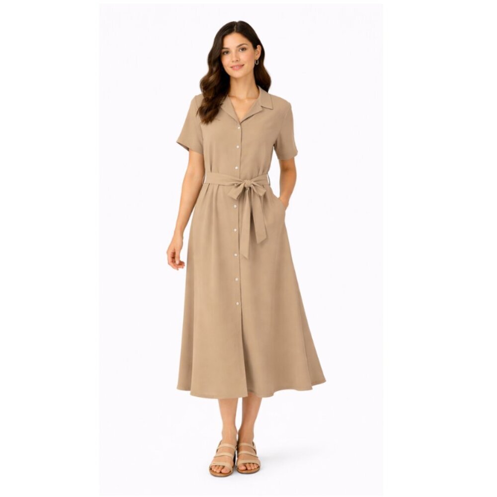 Neutral Beige Button-Front Midi Shirt Dress | Tie Waist | Size L